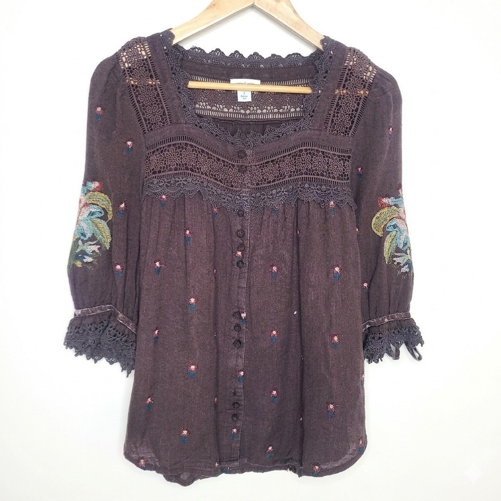 Sundance Brown Square Neck Lacy Embroidered Linen Blend Top Blouse Boho Small - Picture 1 of 8